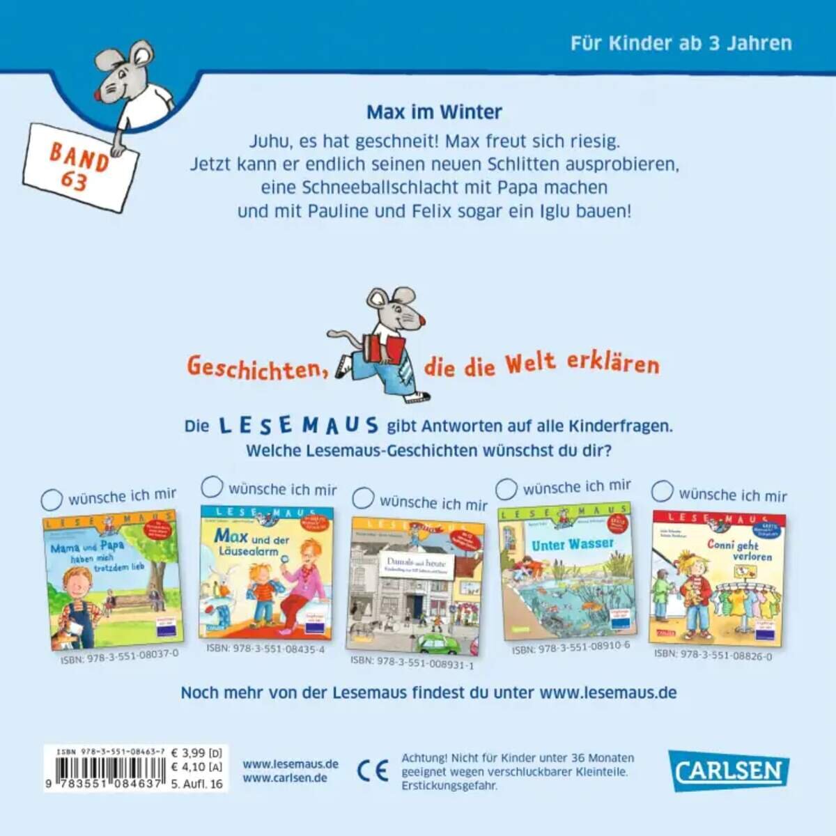 Carlsen Verlag LESEMAUS 63: Max im Winter