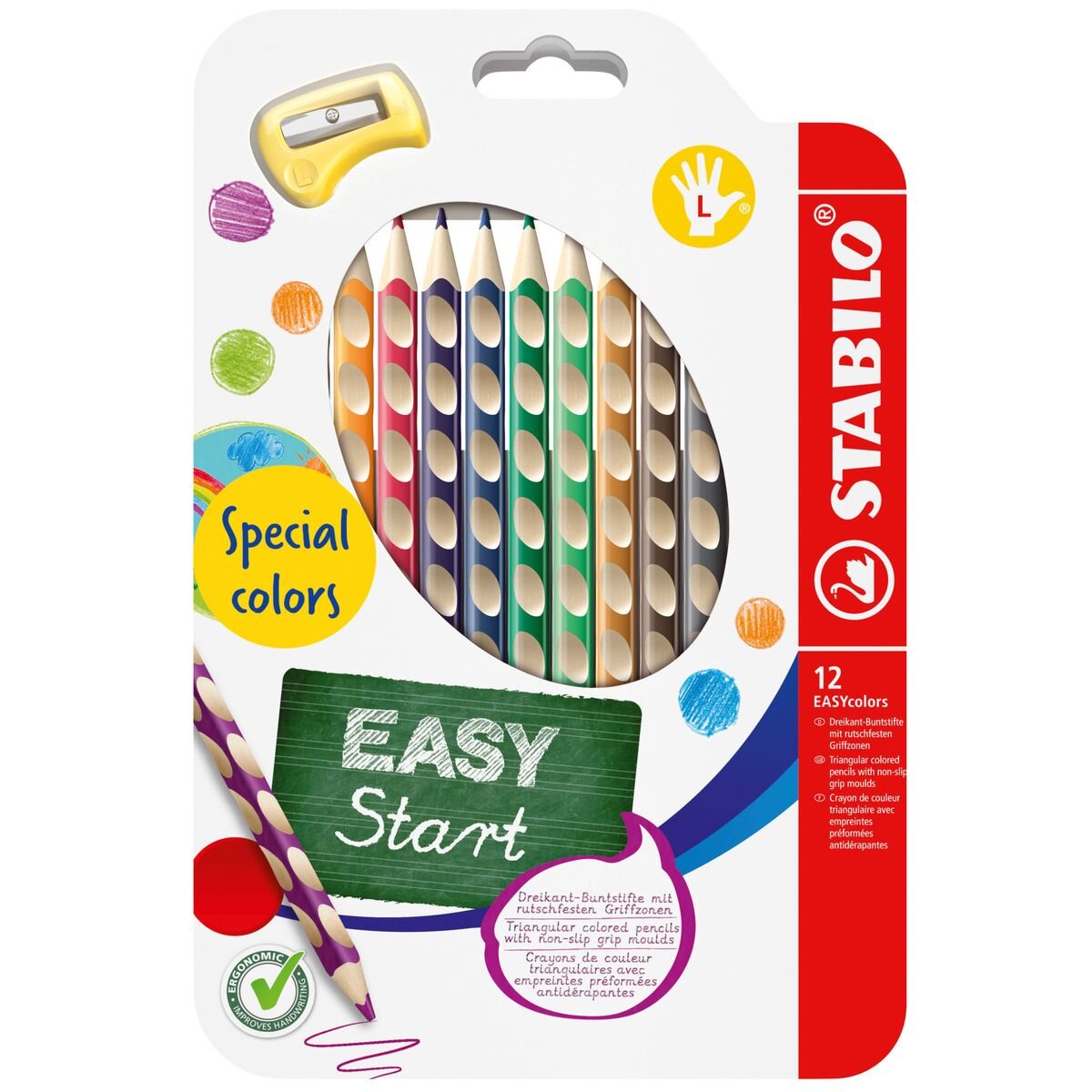 Ergonomischer Buntstift für Linkshänder - STABILO EASYcolors - 12er Pack mit Spitzer - mit 12 verschiedenen Farben - Spezialfarben