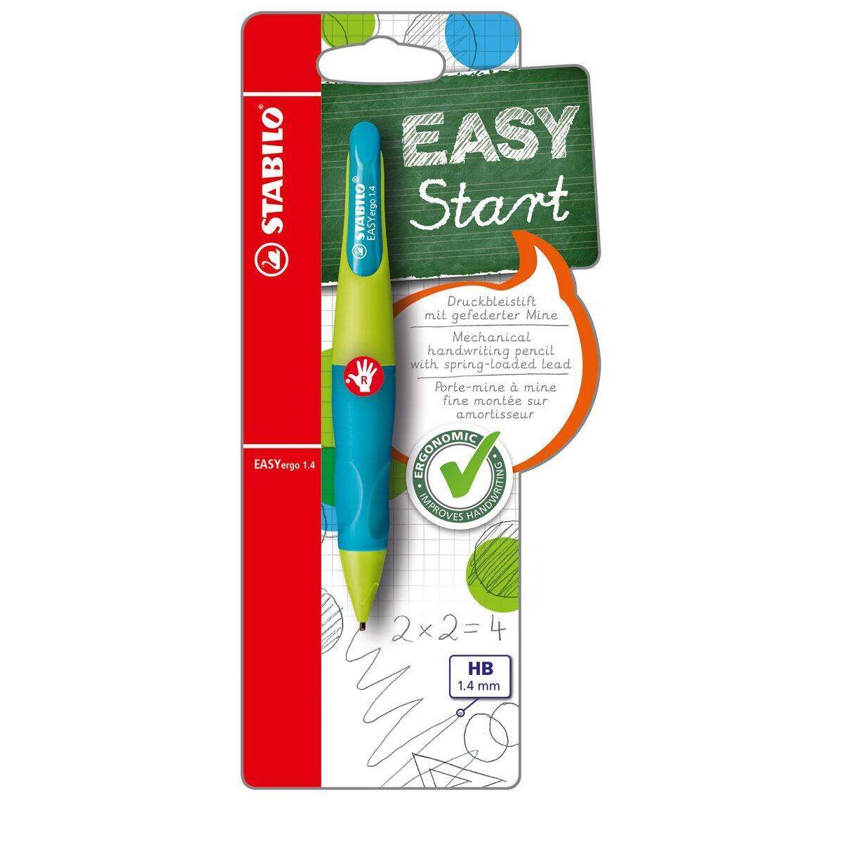 Ergonomischer Druck-Bleistift für Rechtshänder - STABILO EASYergo 1.4 in neonlimonengrün/aquamarin - Einzelstift - inklusive 3 dünner Minen - Härtegrad HB