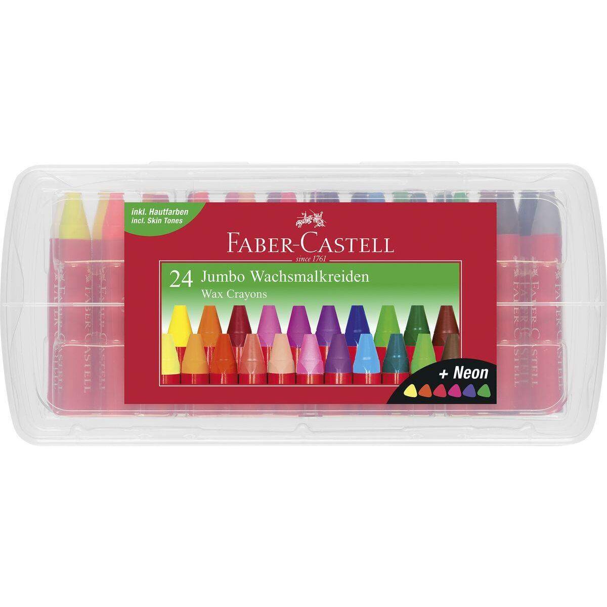 Faber-Castell Jumbo Wachsmalkreide Dreikant, 24er Kunststoffbox mit Schaber