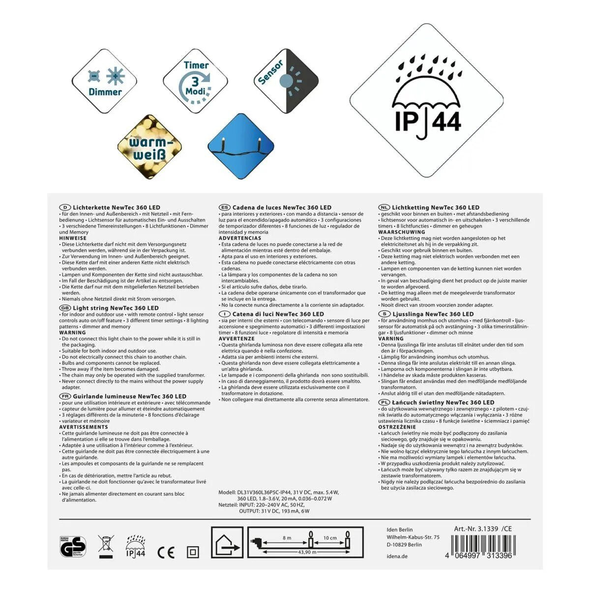 Idena Lichterkette NewTec 360 LED ww Lichtsensor