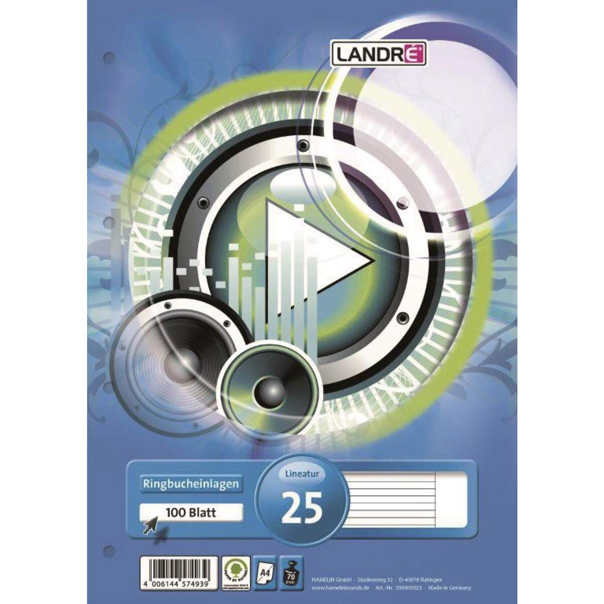 Landré Ringbucheinlage A4 Liniert, Rand, 100 Blatt