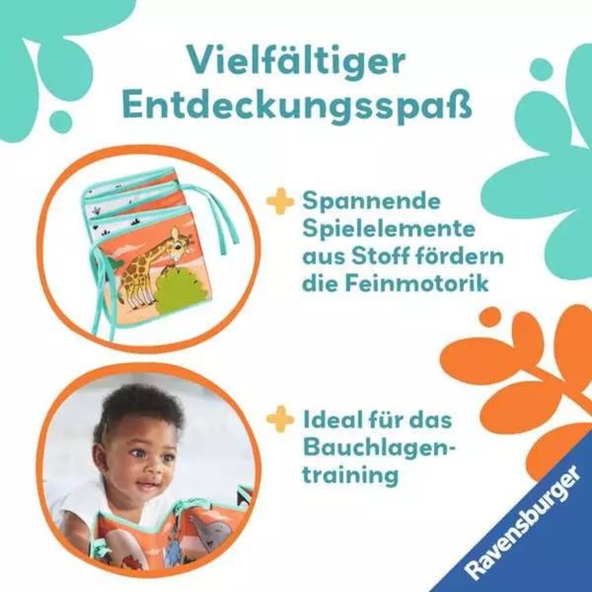 Ravensburger play+ Mein allererstes Stoffbuch (für die Bauchlage): Wilde Tiere (Leporello)