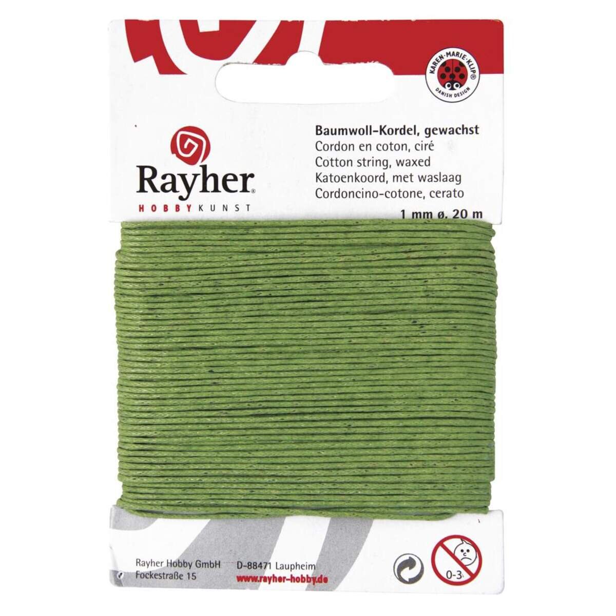 Rayher Hobby Baumwollkordel, gewachst, hellgrün, 20m