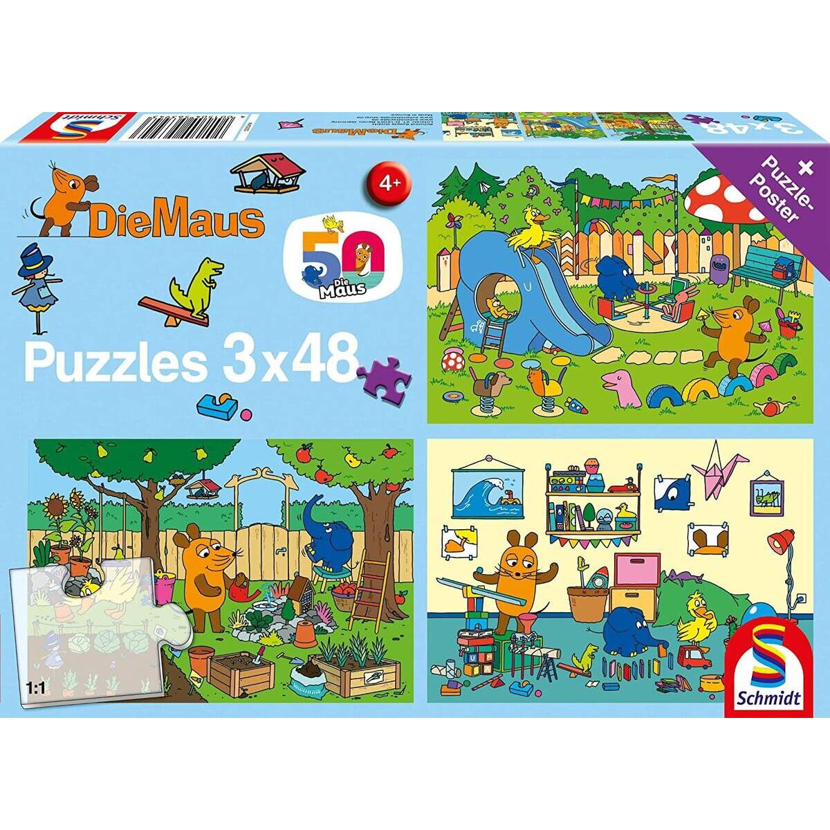Schmidt Spiele KinderPuzzle - Die Maus Ein Tag mit der Maus, 3x48 Teile