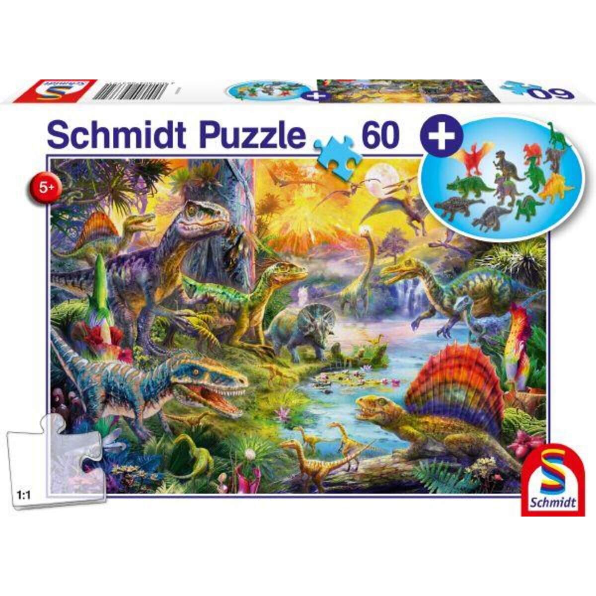Schmidt Spiele KinderPuzzle - Dinosaurier, mit Add-on Dinosaurier-Figuren-Set, 60 Teile