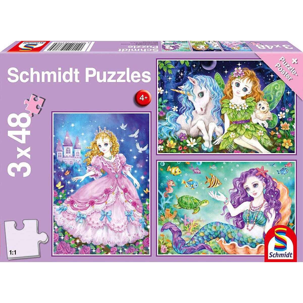 Schmidt Spiele KinderPuzzle - Prinzessin, Fee & Meerjungfrau, 3 x 48 Teile