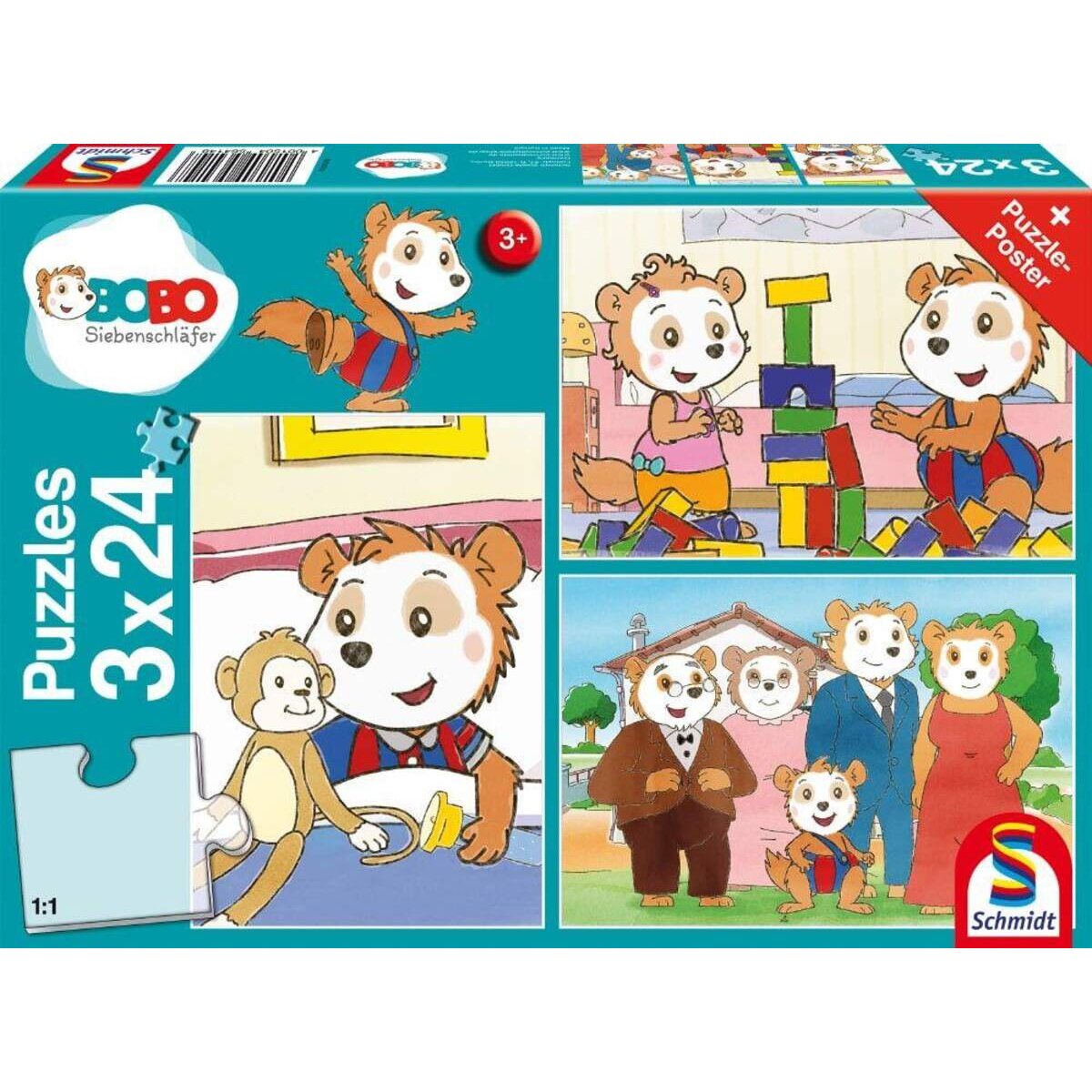 Schmidt Spiele Puzzle - Bobo Siebenschläfer: Freunde und Familie, 3x24 Teile