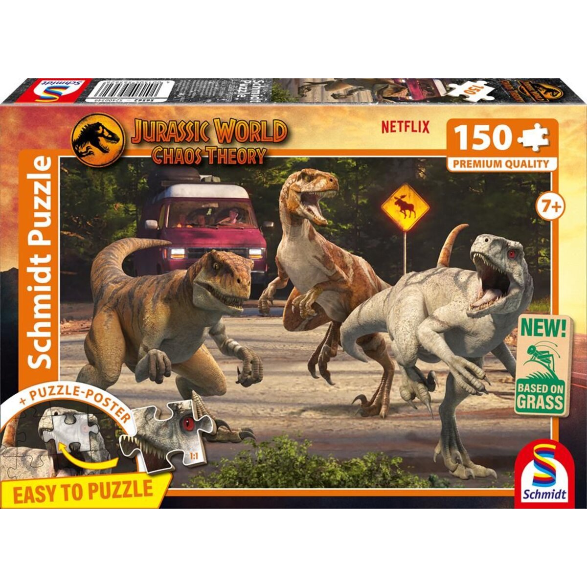 Schmidt Spiele Puzzle - Jurassic World: Chaos Theory - Angriff der Velociraptoren, 150 Teile, Eco-Friendly, Gras Kinderpuzzle