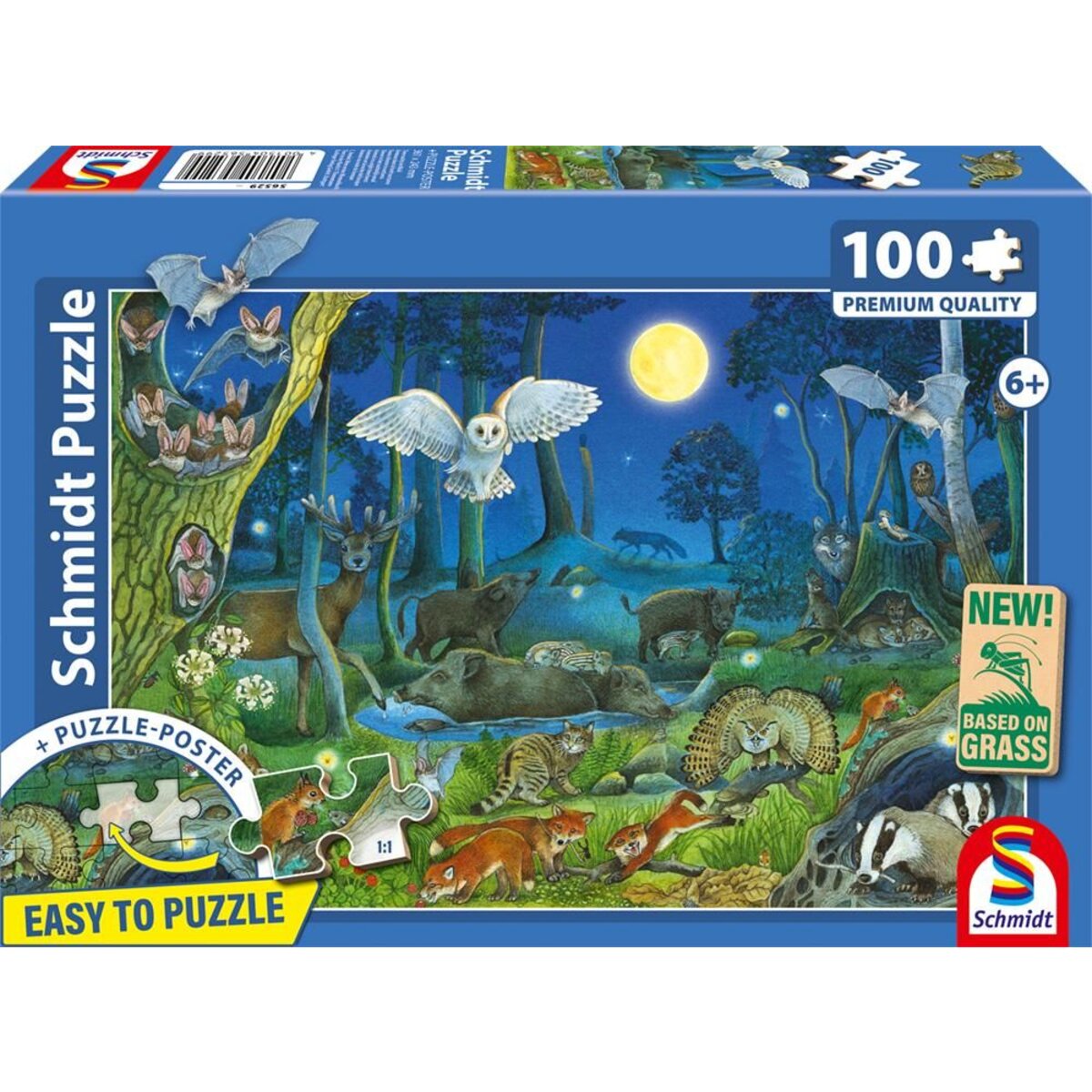 Schmidt Spiele Puzzle - Tiere nachts im Wald, 100 Teile, Eco-Friendly, Gras Kinderpuzzle