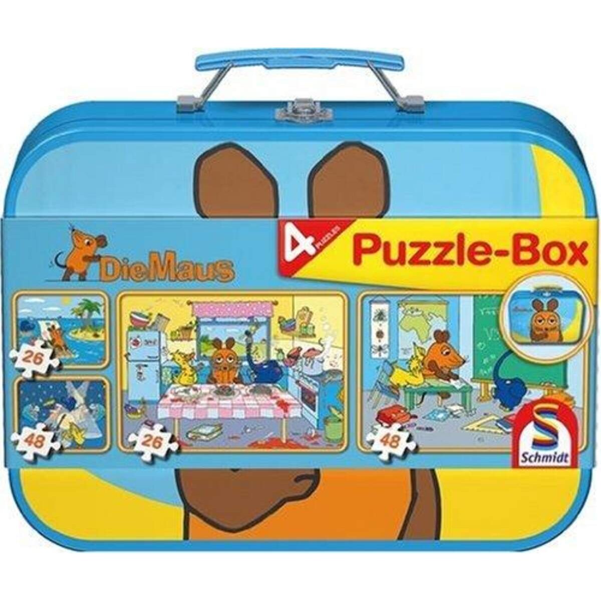 Schmidt Spiele Puzzle - Box im Metallkoffer Die Sendung mit der Maus, 2x26, 2x48 Teile