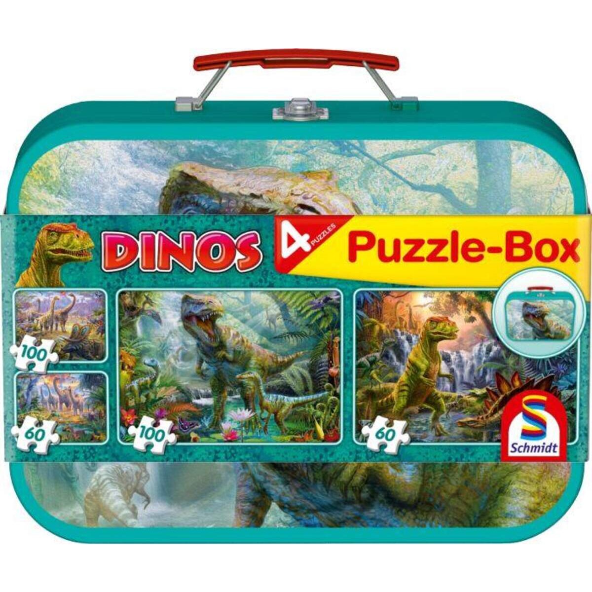 Schmidt Spiele Puzzle - Box im Metallkoffer Dinos, 4 Puzzle
