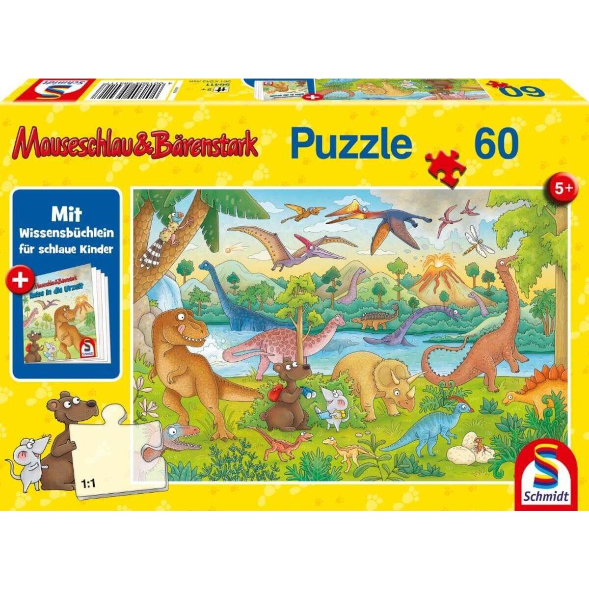 Schmidt Spiele KinderPuzzle - Reise in die Urzeit, 60 Teile, mit Add-on (Wissensbüchlein)