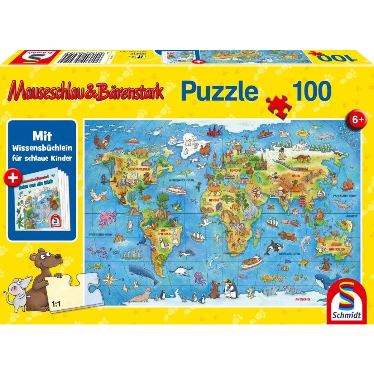 Schmidt Spiele KinderPuzzle - Reise um die Welt, 100 Teile, mit Add-on (Wissensbüchlein)