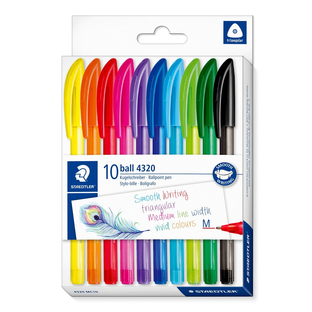 STAEDTLER® ball 4320 M dreikantiger Kugelschreiber, Kartonetui mit 10 Kugelschreibern in sortierten Schreibfarben, Linienbreite M