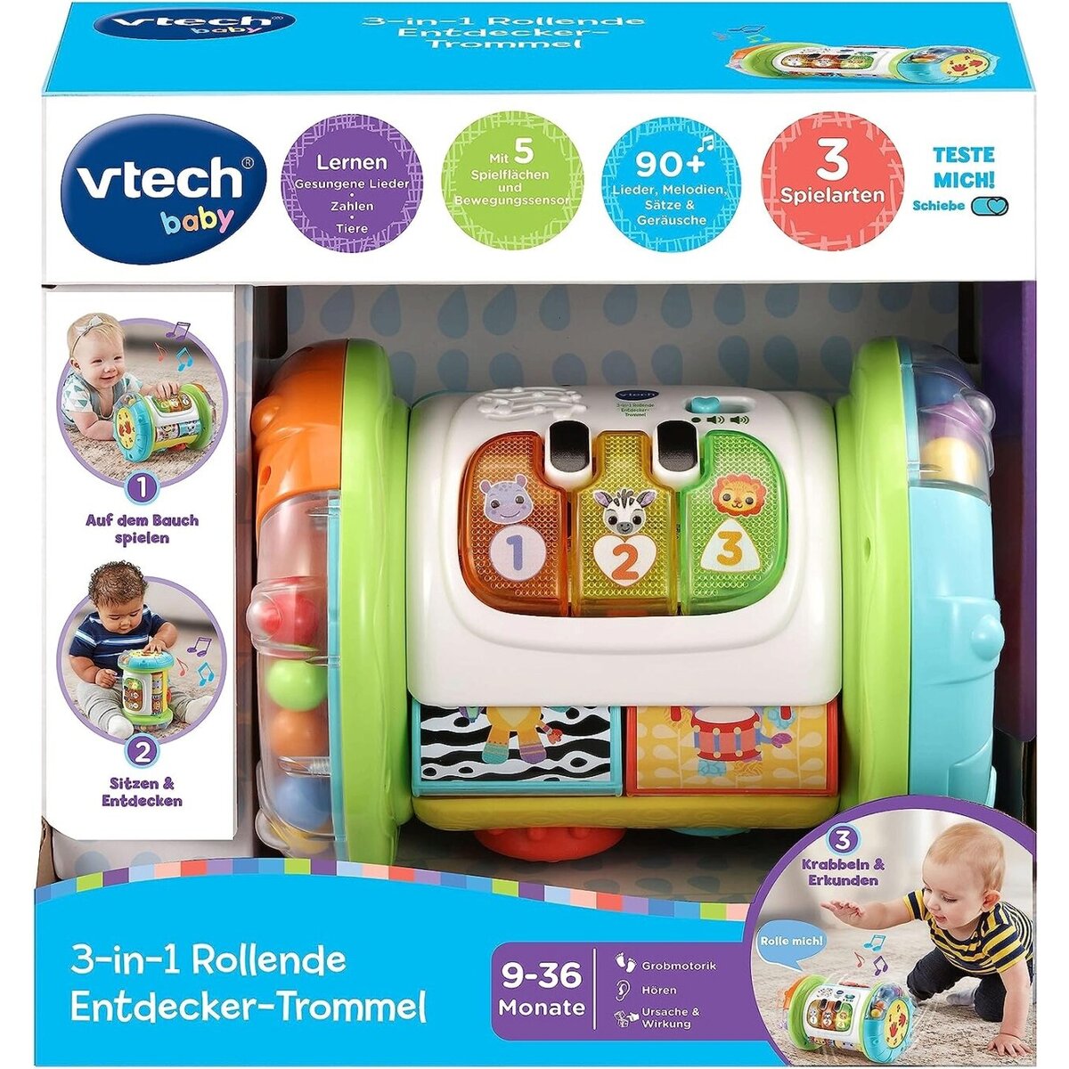 VTech 3-in-1 Rollende Entdecker-Trommel 7 gesungene Lieder und 18 Melodien