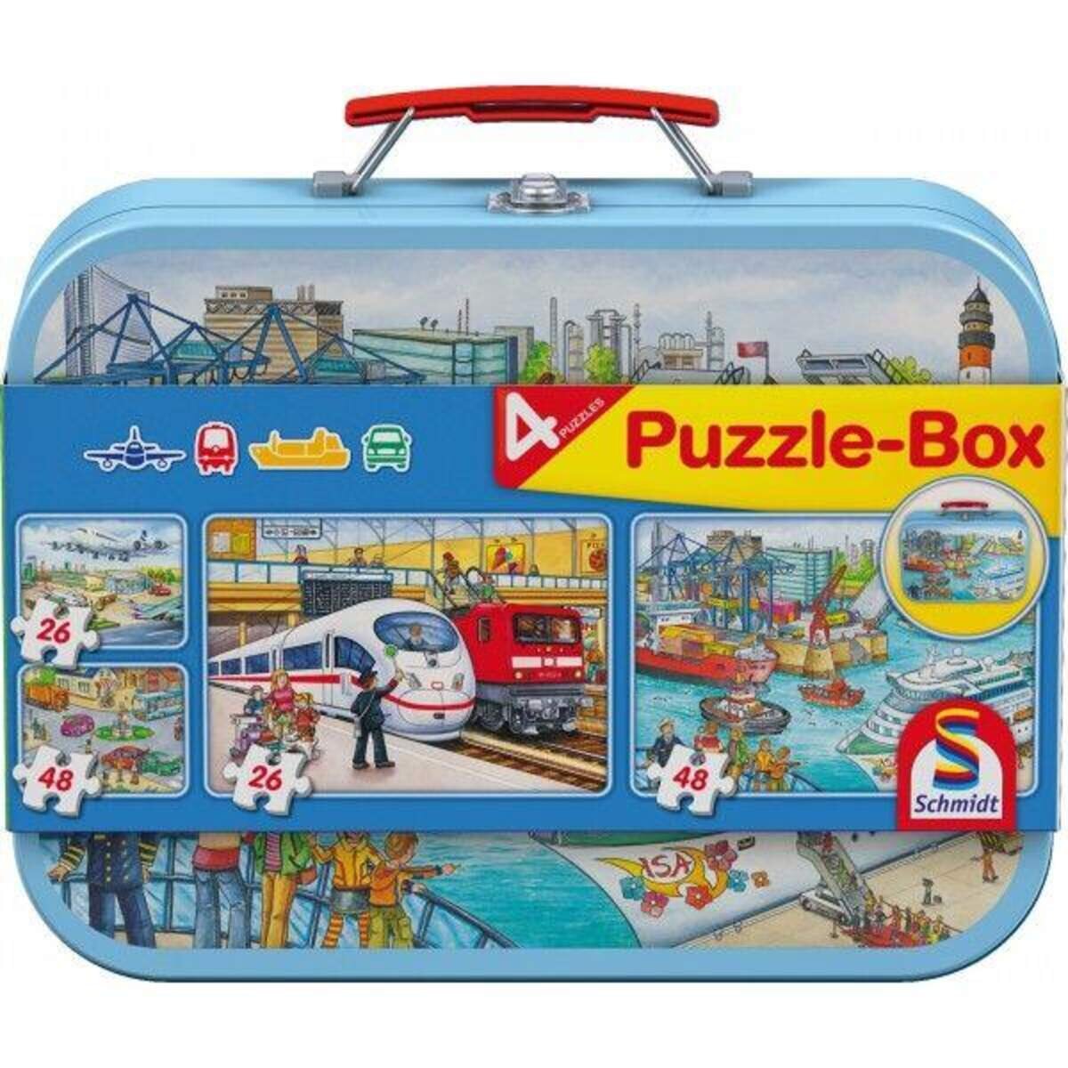 Schmidt Spiele Puzzle --Box im Metallkoffer Verkehrsmittel, 2x26, 2x48 Teile