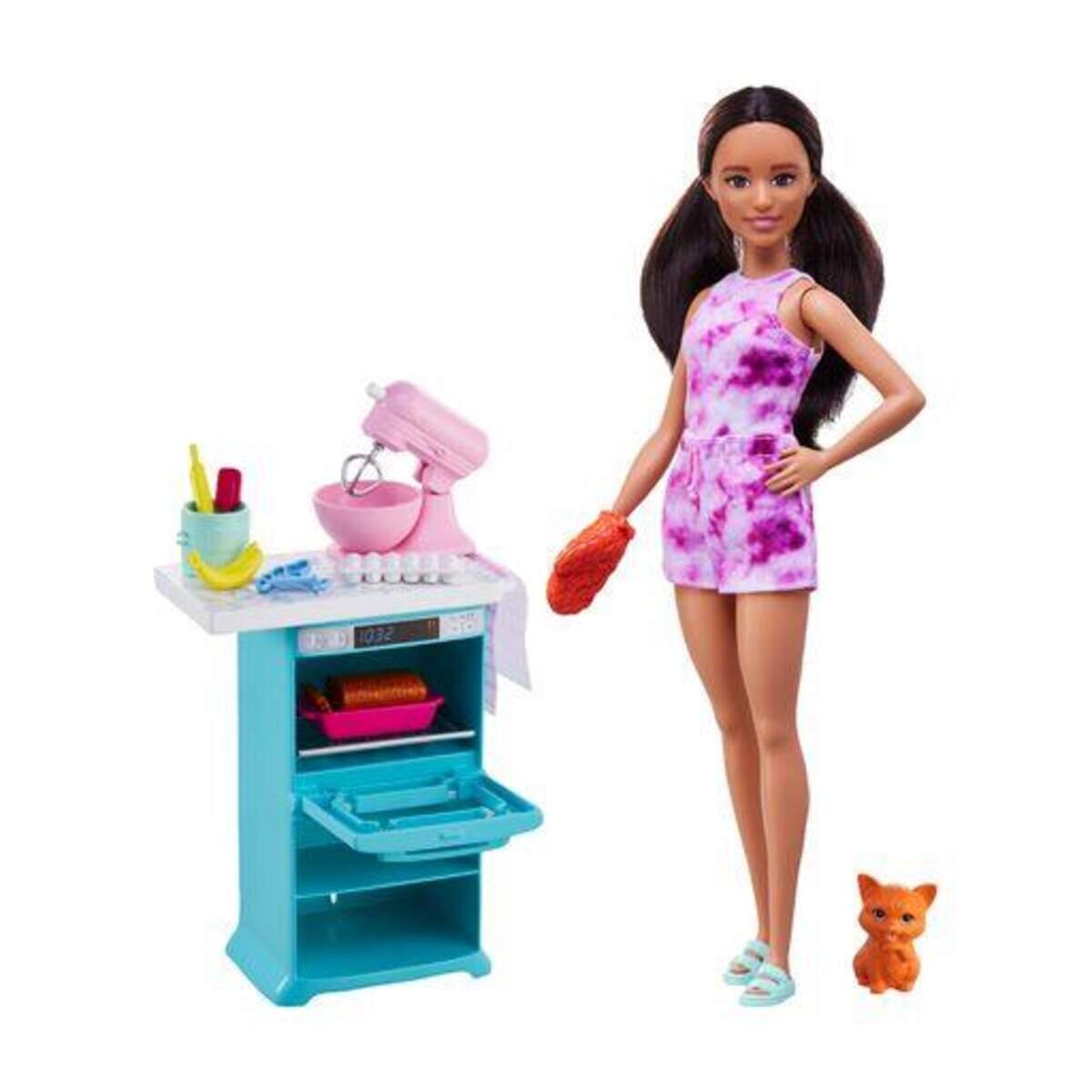 Barbie-Puppe und Küchen-Spielset mit Haustier und Zubehör, Geschenk für Kinder von 3 bis 7 Jahren