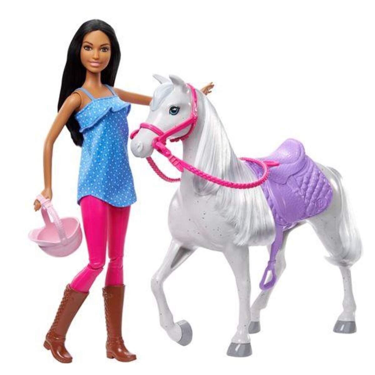 Barbie-Puppe und Pferd mit Sattel, Zaumzeug und Zügel, Geschenk für Kinder zwischen 3 und 7Jahren