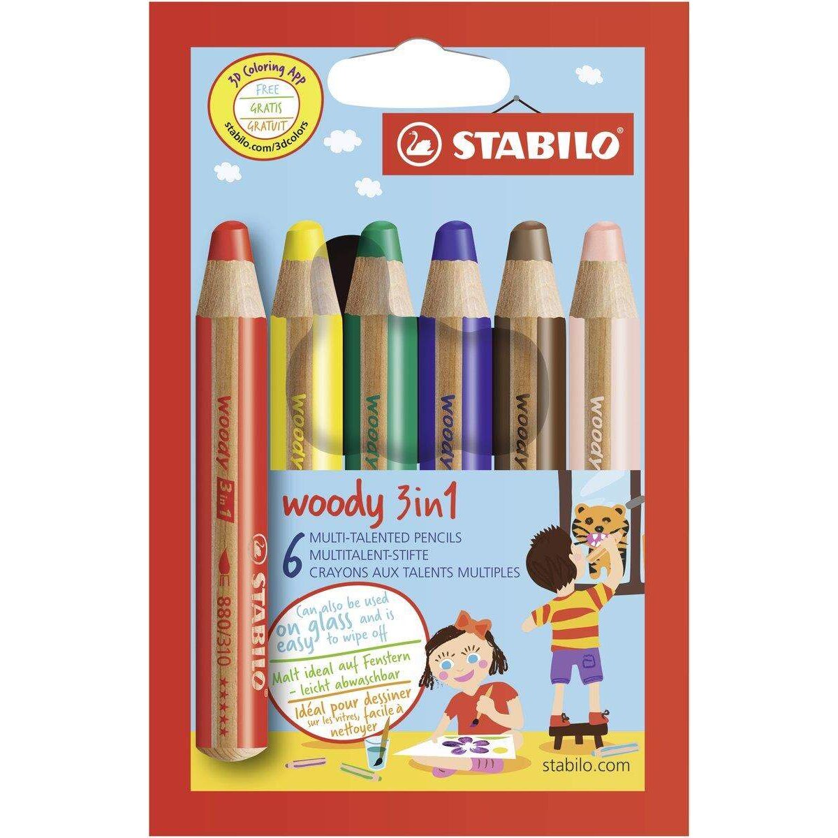 Buntstift, Wasserfarbe & Wachsmalkreide - STABILO woody 3 in 1 - 6er Pack - mit 6 verschiedenen Farben