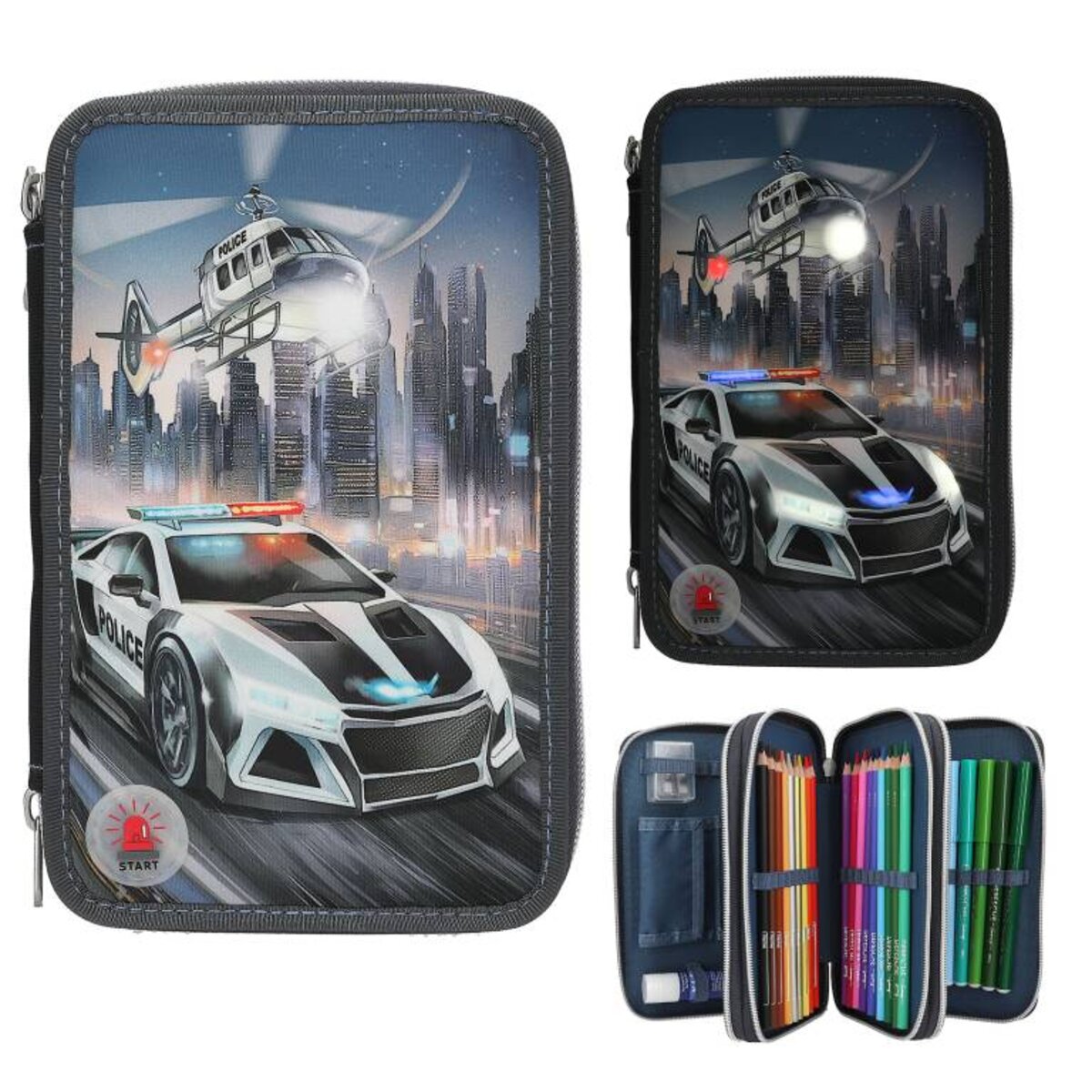Depesche 3 Fach Federtasche komplett gefüllt Monster Cars LED Polizeiauto