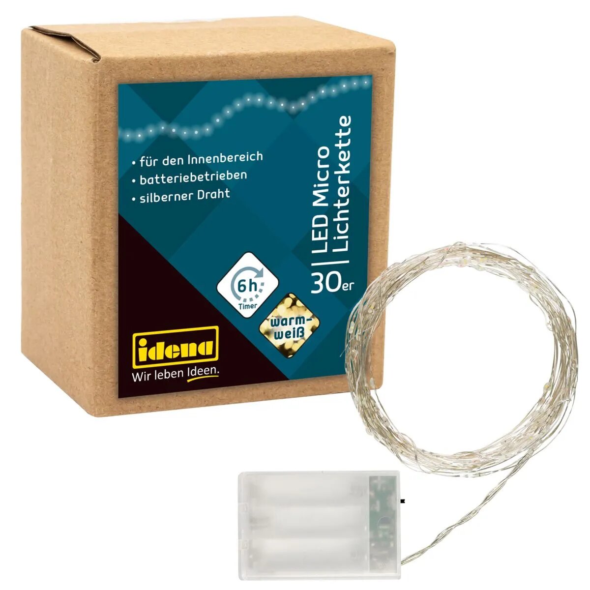 Idena 30er LED Micro-Lichterkette, warmweiß, für innen, batterieb., silberner Draht, Timer