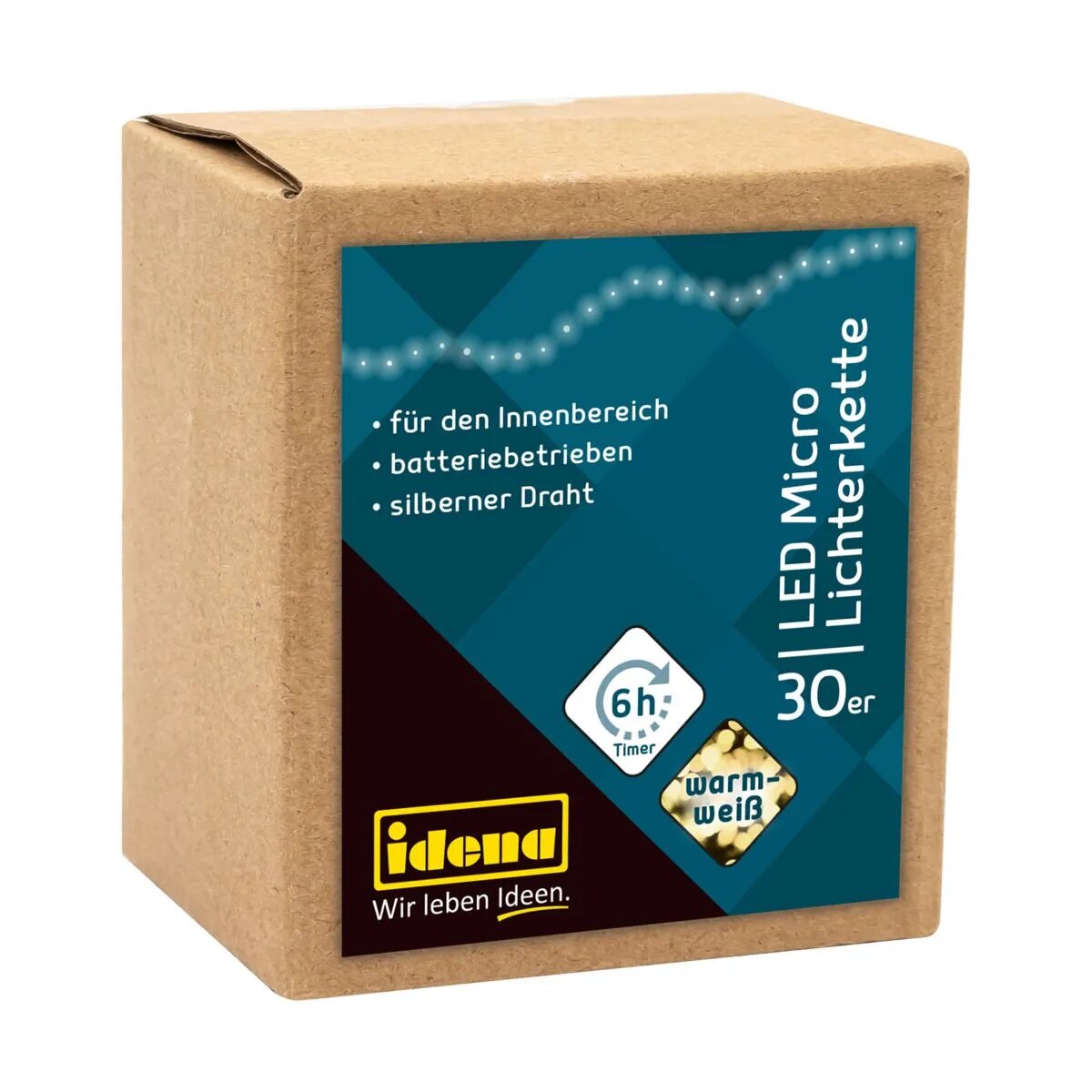 Idena 30er LED Micro-Lichterkette, warmweiß, für innen, batterieb., silberner Draht, Timer