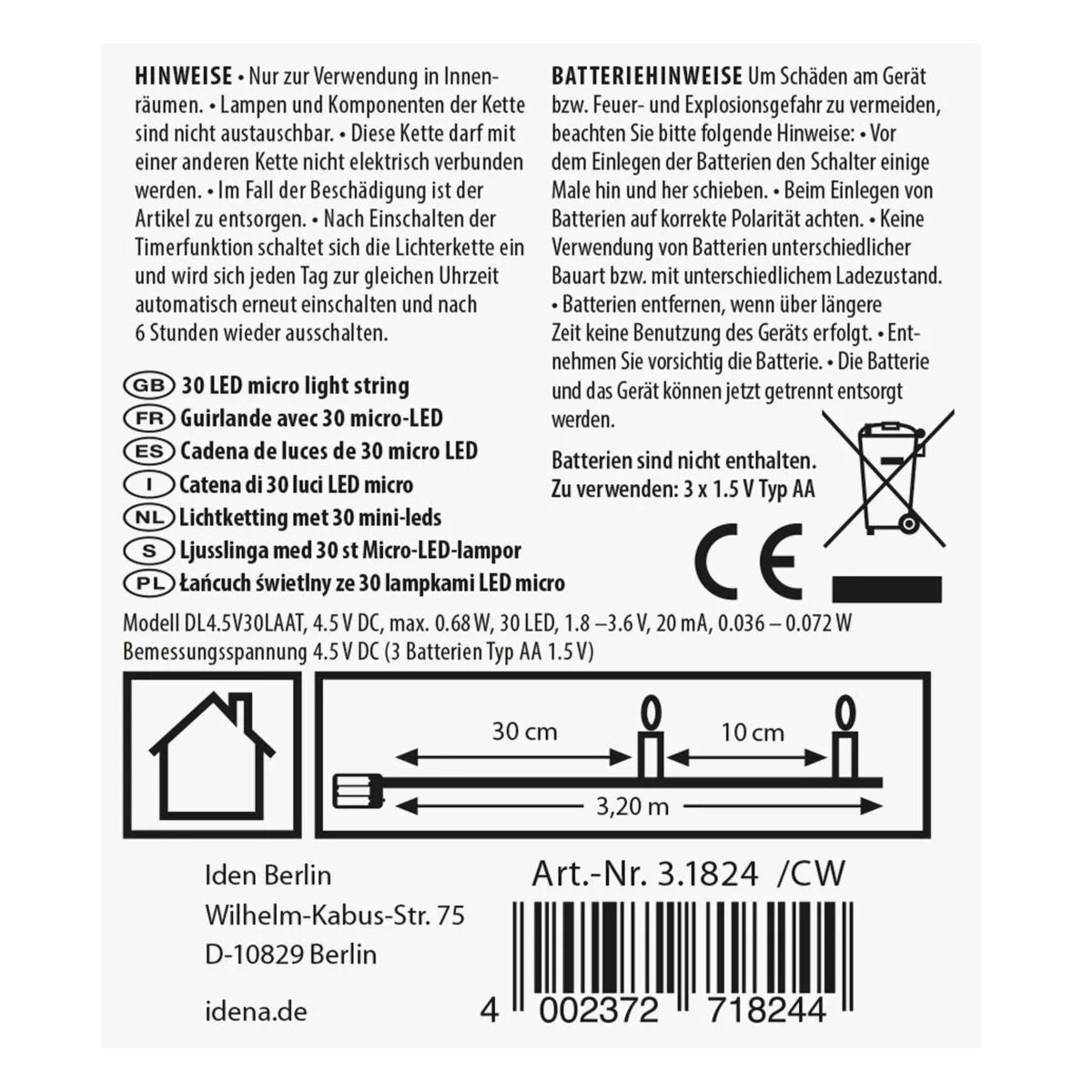 Idena 30er LED Micro-Lichterkette, warmweiß, für innen, batterieb., silberner Draht, Timer