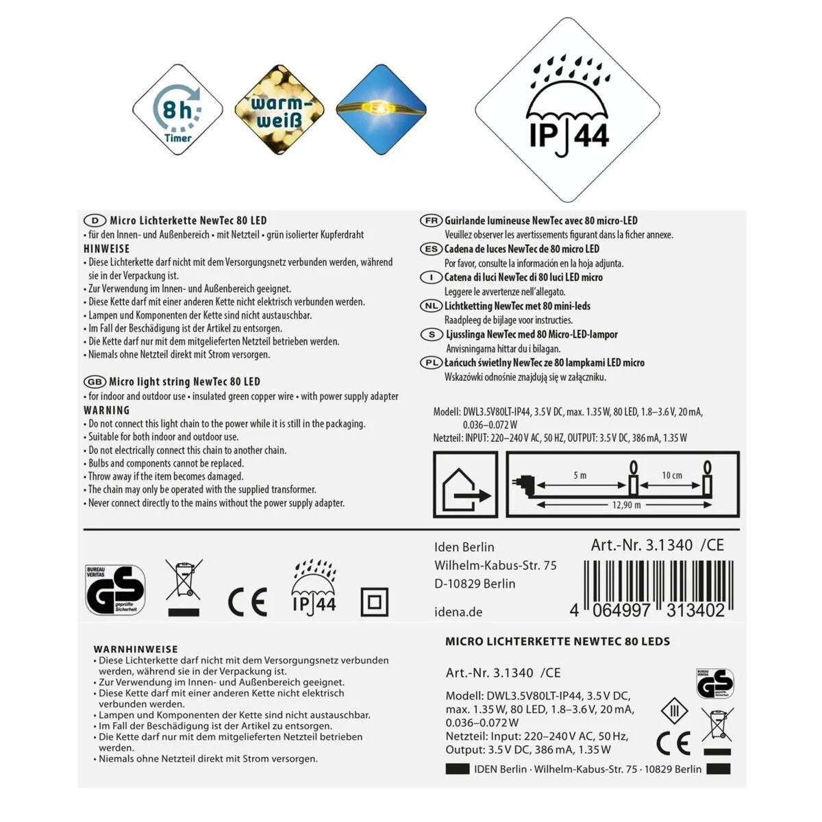 Idena Lichterkette NewTec, 80 Micro LED ww 8h Timer