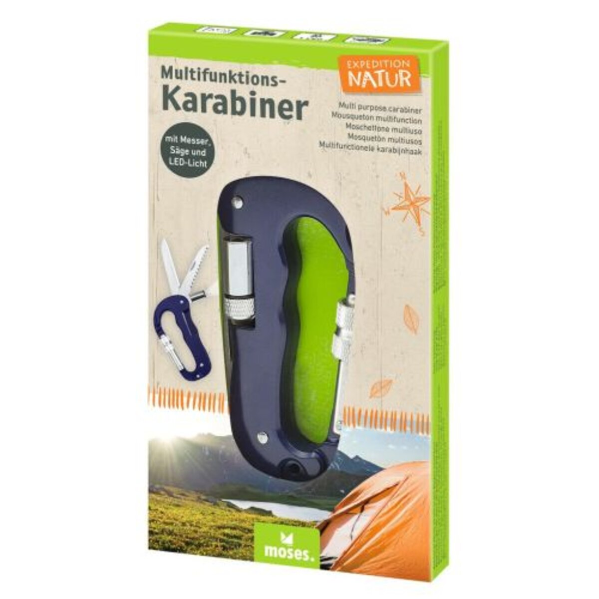 moses. Expedition Natur Multifunktions-Karabiner mir Messer, Säge und LED-Licht