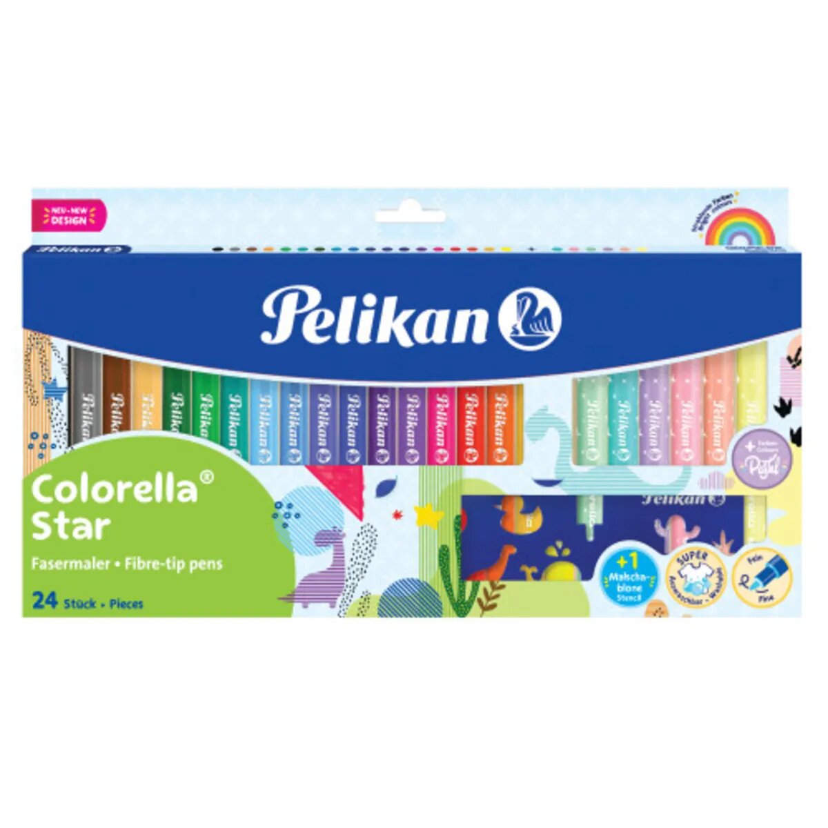 Pelikan Fasermaler Colorella Star C302, 24 Farben: 18 kräftige + 6 zarte Pastell-Töne. Incl. Ausmalschablone.