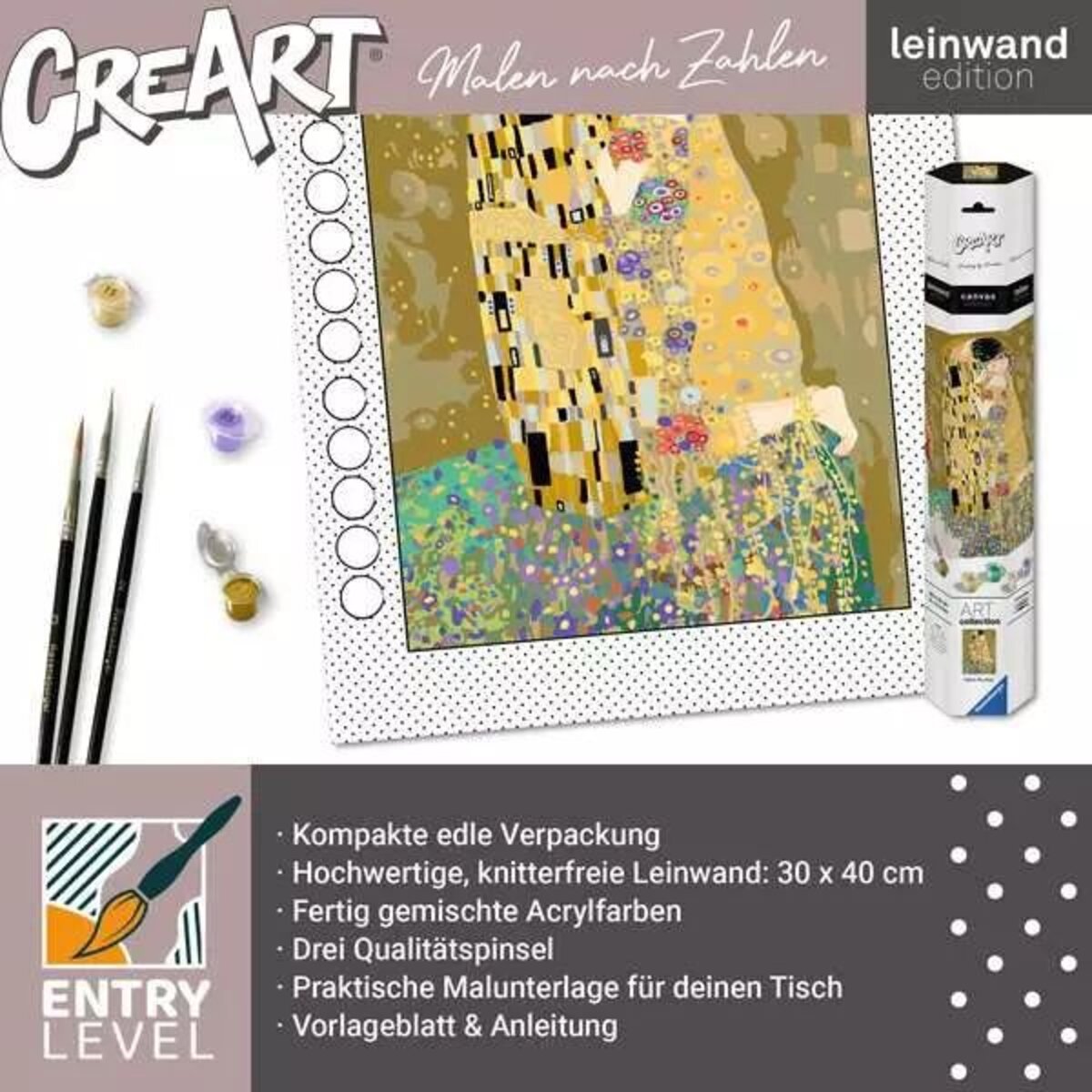 Ravensburger CreArt Malen nach Zahlen - Leinwand ART Collection: Der Kuss (Klimt)