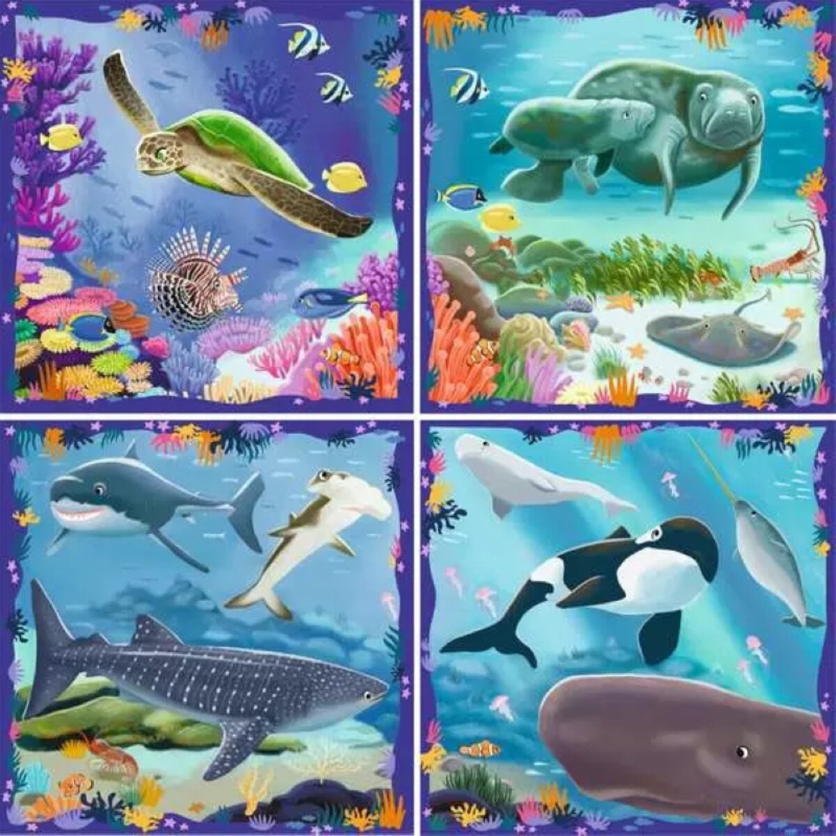 Ravensburger 4 Kinderpuzzle 64 + 72 + 81 + 90 Teile Meereszeiten 33,3 x 33,3 cm