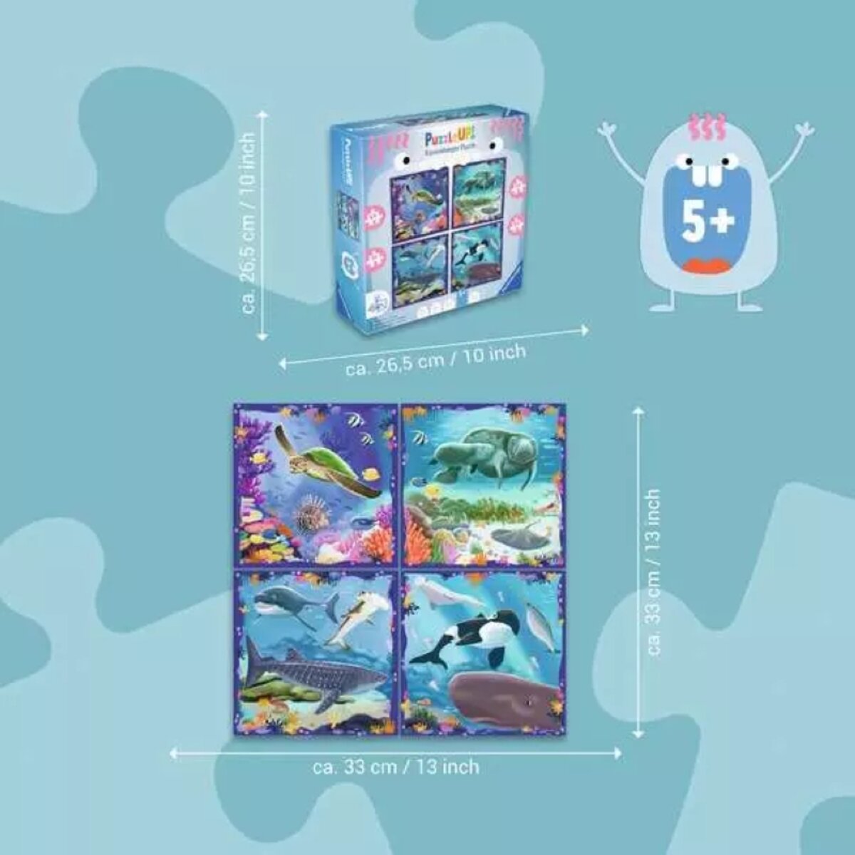 Ravensburger 4 Kinderpuzzle 64 + 72 + 81 + 90 Teile Meereszeiten 33,3 x 33,3 cm