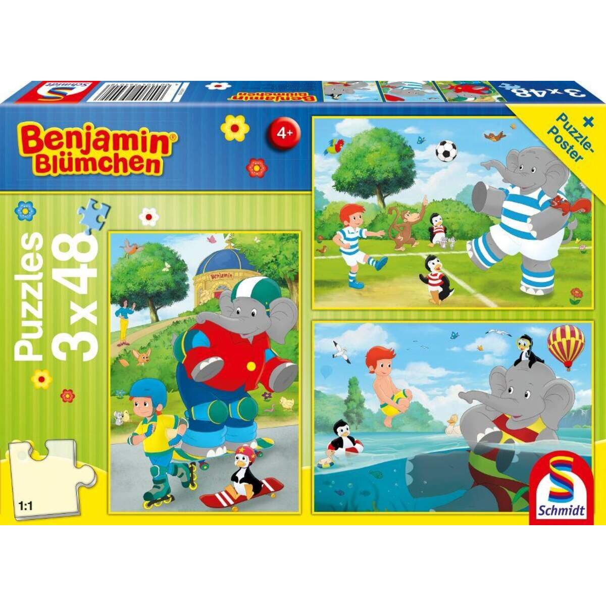 Schmidt Spiele KinderPuzzle - Benjamin Blümchen Sport und Spiel mit Törööö!, 3x48 Teile