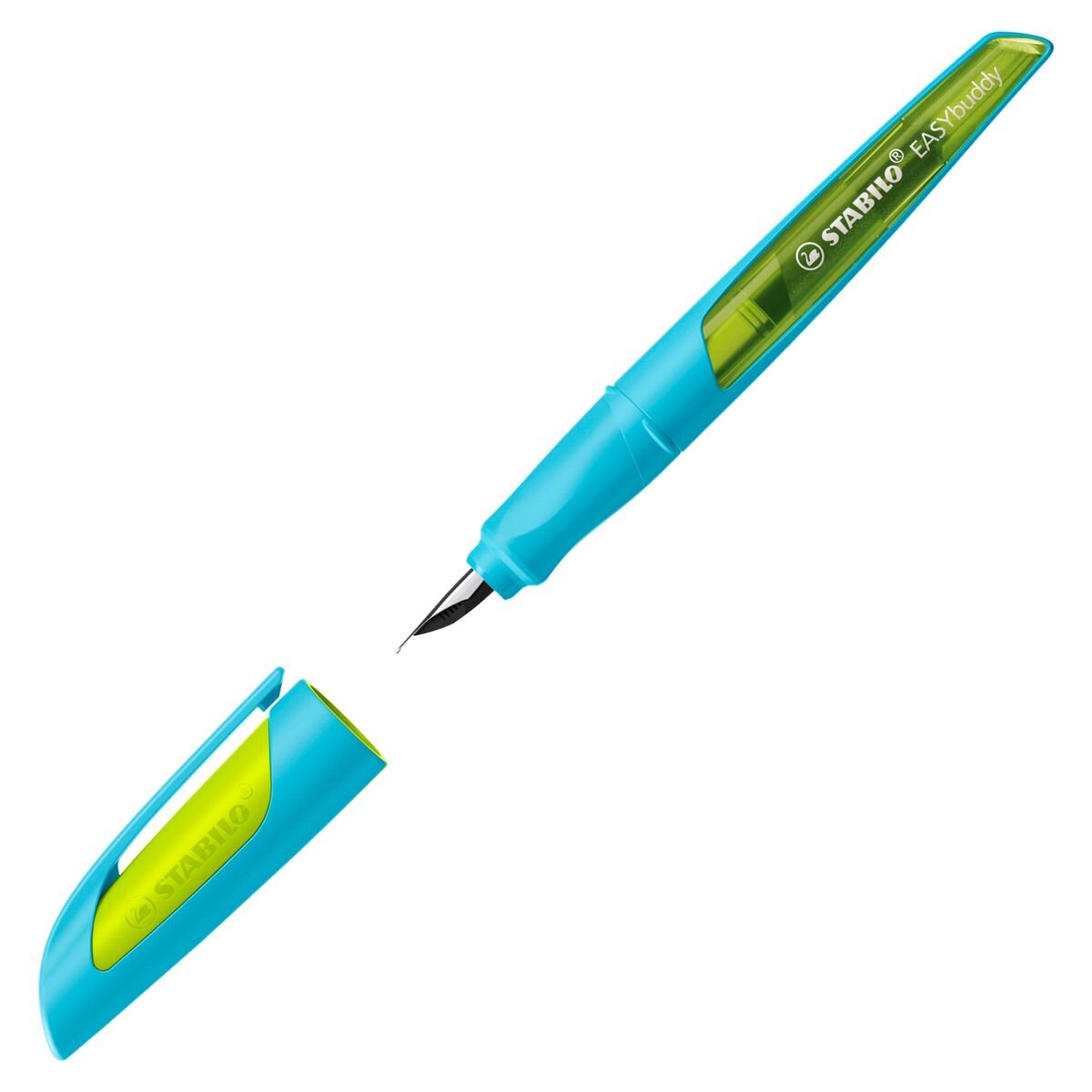 Schulfüller mit Linkshänder-Feder L - STABILO EASYbuddy FRESH in hellblau/limette - blau (löschbar) - inkl. Patrone