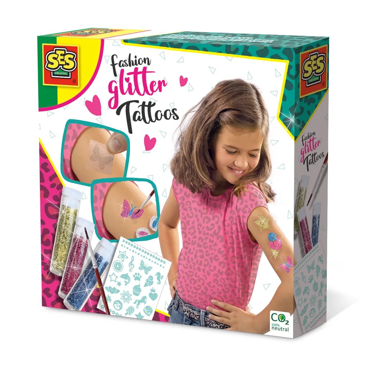 SES Creative Fashion glitter Tattoos, 4-Glitzerfarben, Pinsel und Anleitung