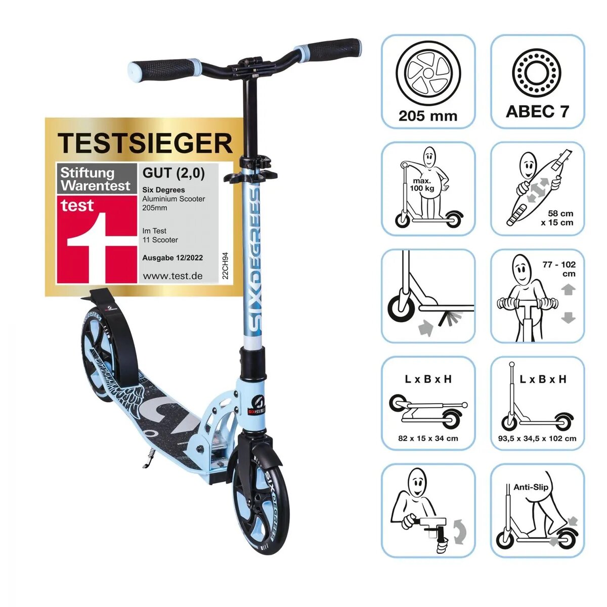 Authentic Sports SIX DEGREES Aluminium Scooter 205 mm pastell-blau