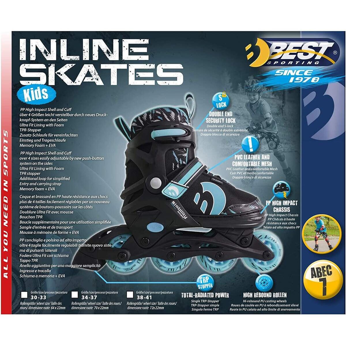 BEST Sporting Inline Skates für Kinder /Jugendliche, ABEC 7 Carbon, türkisblau / schwarz, Größe: 30-33