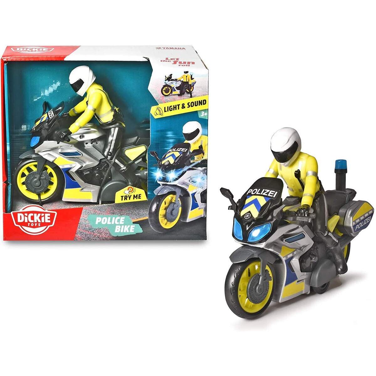 Dickie Toys Polizeimotorrad Yamaha, Friktion, Licht, Sound, mit beweglicher Fahrerfigur, 17 cm