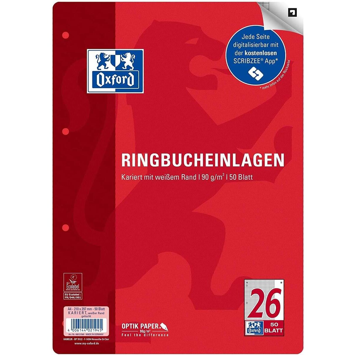 Oxford Ringbucheinlagen mit Rand, A4, kariert, 50 Blatt, rot